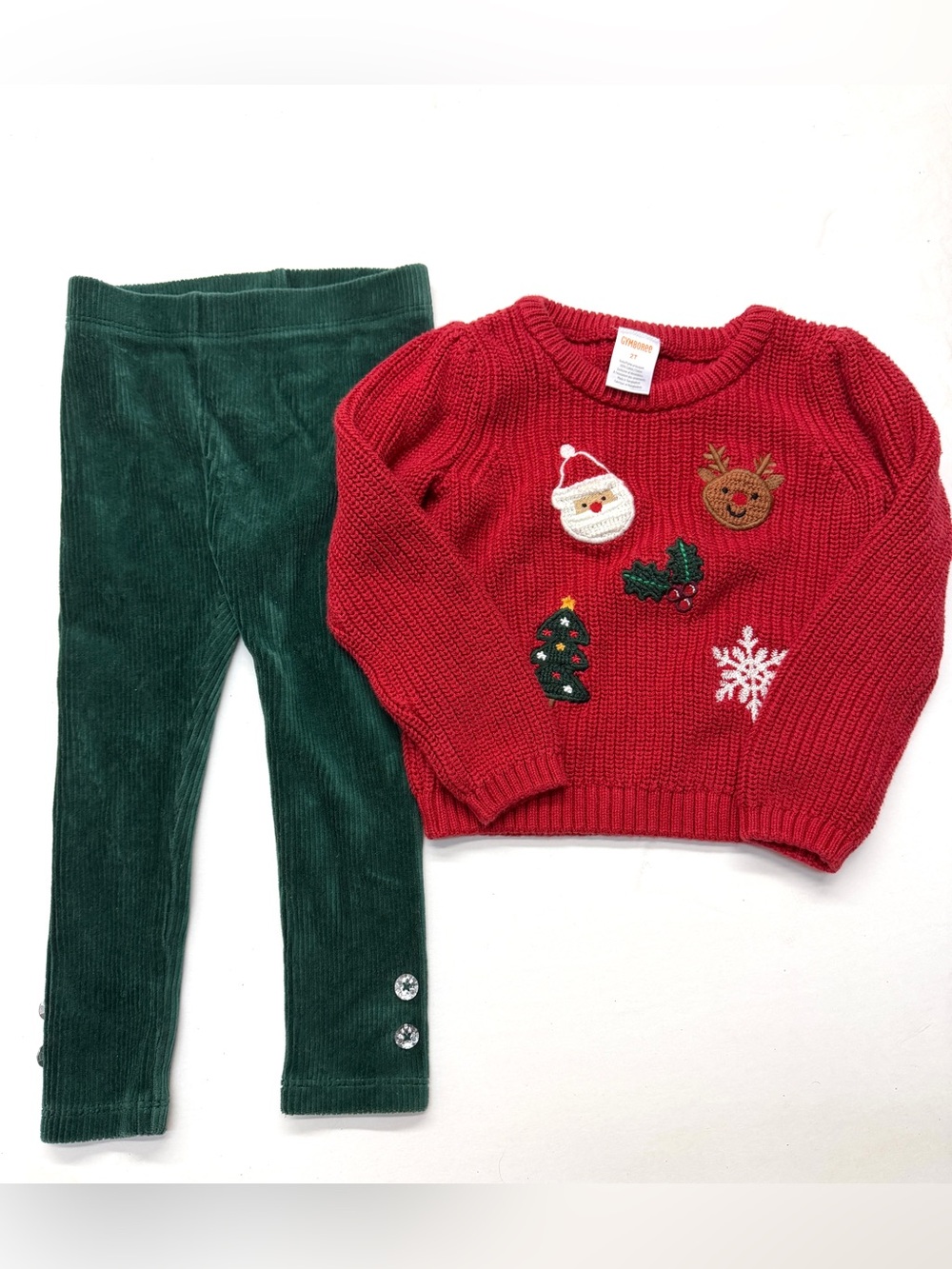 Gymboree Christmas Holiday Santa Red Sweater Green Velour Leggings Outfit